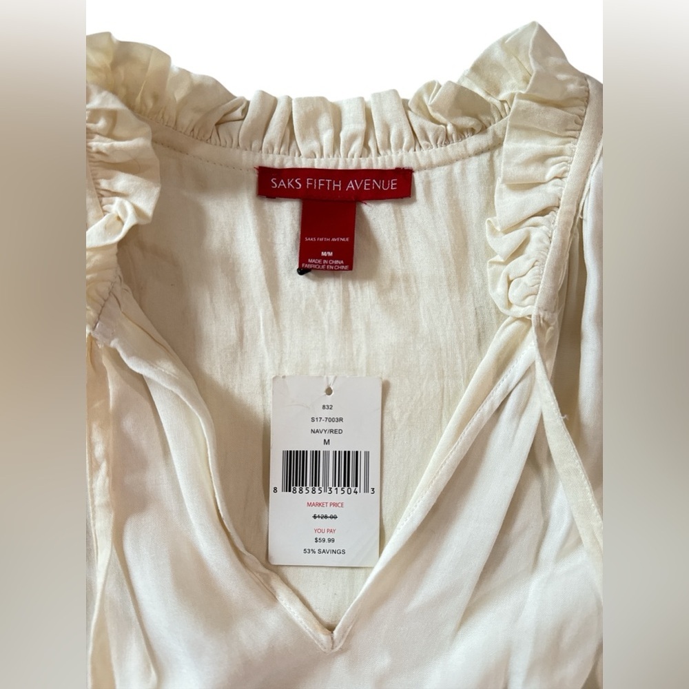 Saks Fifth Avenue Cream Embroidered Cold Shoulder Dress Boho Peasant Tunic Sz M - Picture 8 of 11